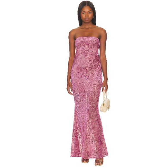 For Love & Lemons Francesca Maxi Dress Pink Jacquard Velvet Paisley Strapless Ba - Picture 3 of 11